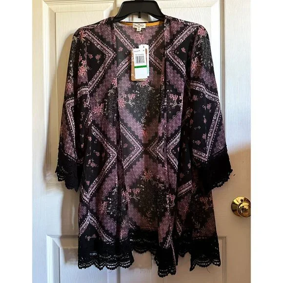 Mason & Belle Laria Crochet Floral Open Front Kimono Large - Picture 2 of 8